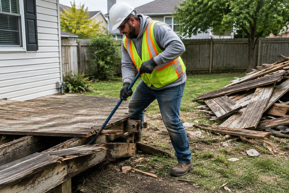 Worker tearing out an old backyard deck with a pry bar