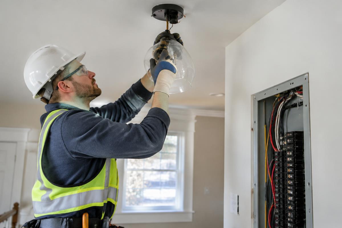 Electrician installing a ceiling light fixture next to an open electrical panel