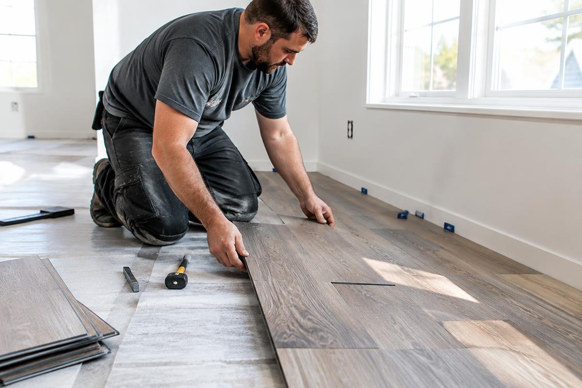 Installer laying luxury vinyl plank flooring