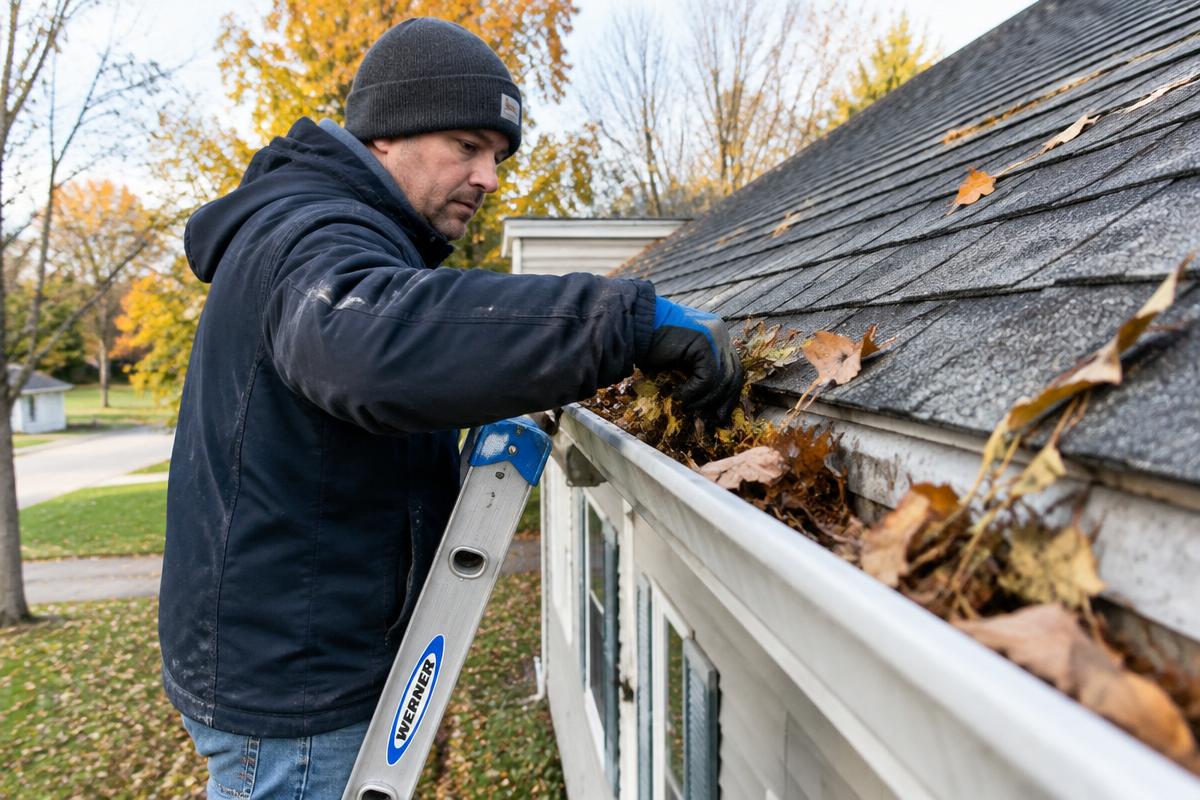 Worker on a ladder clearing autumn leaves from a home's gutter