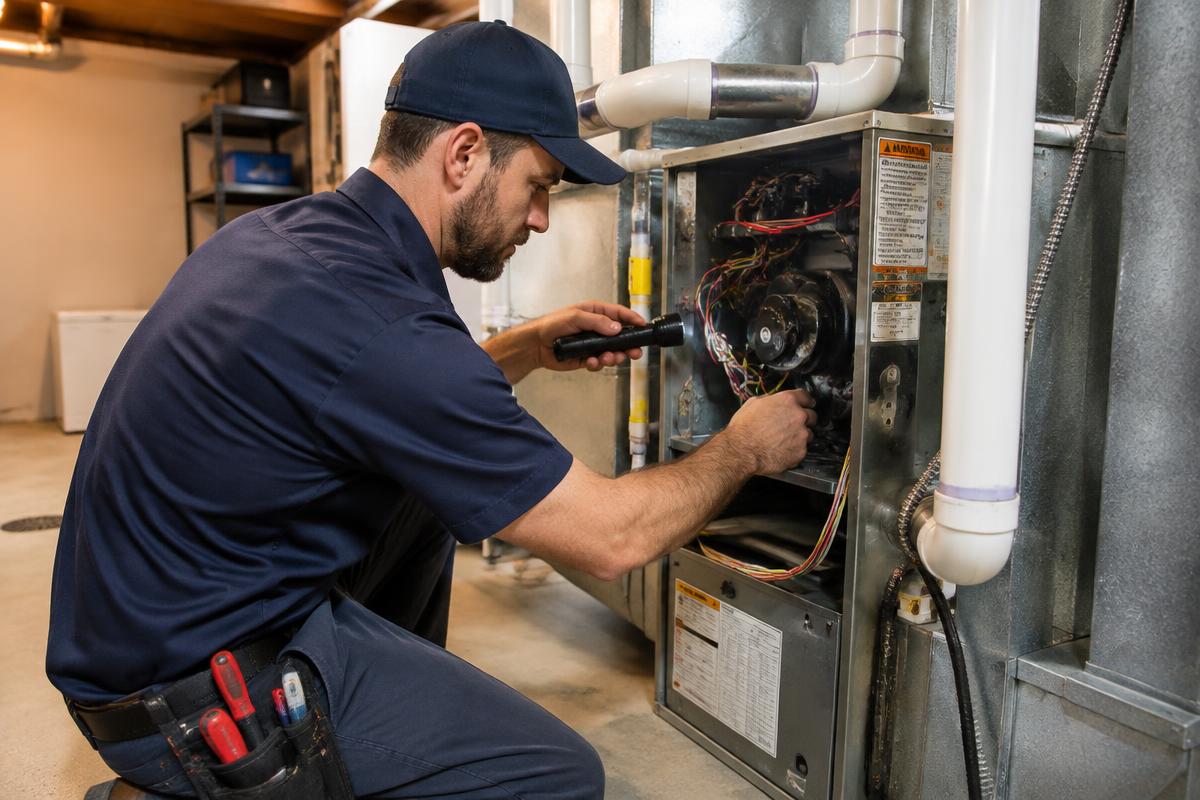 HVAC technician inspecting a residential furnace with a flashlight