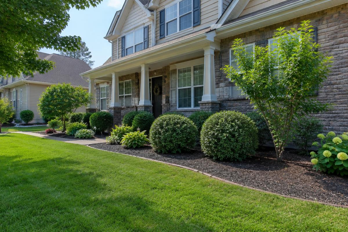 Freshly mulched flower beds and trimmed shrubs in front of a suburban home