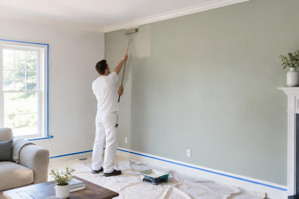Painter rolling fresh paint on a living room wall