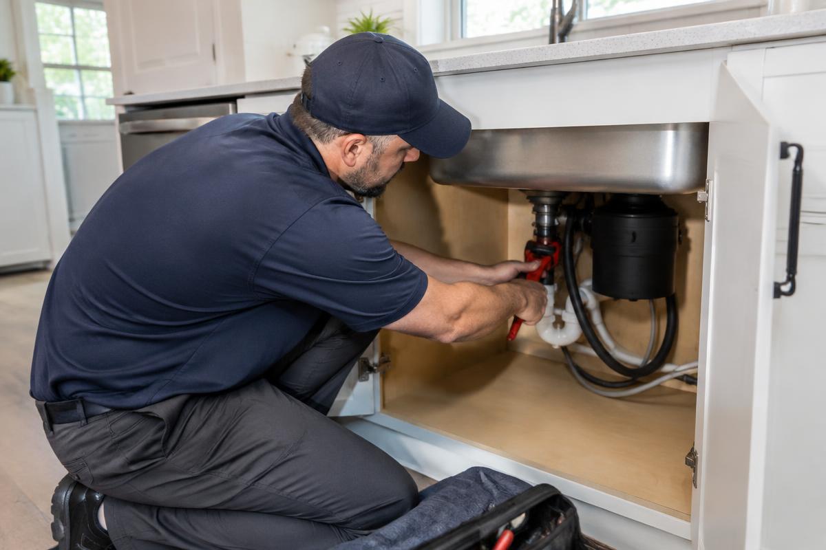 Plumber repairing pipes under a kitchen sink