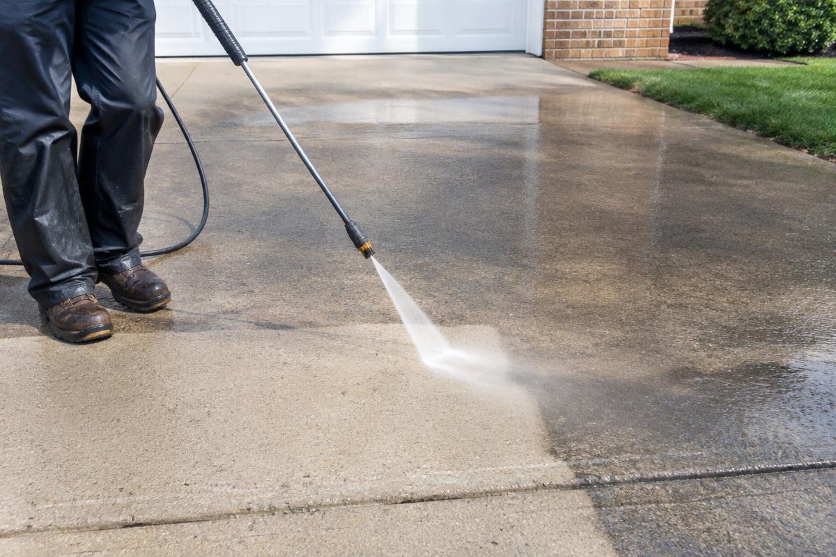 Technician pressure washing a concrete driveway in a Metro Detroit suburb