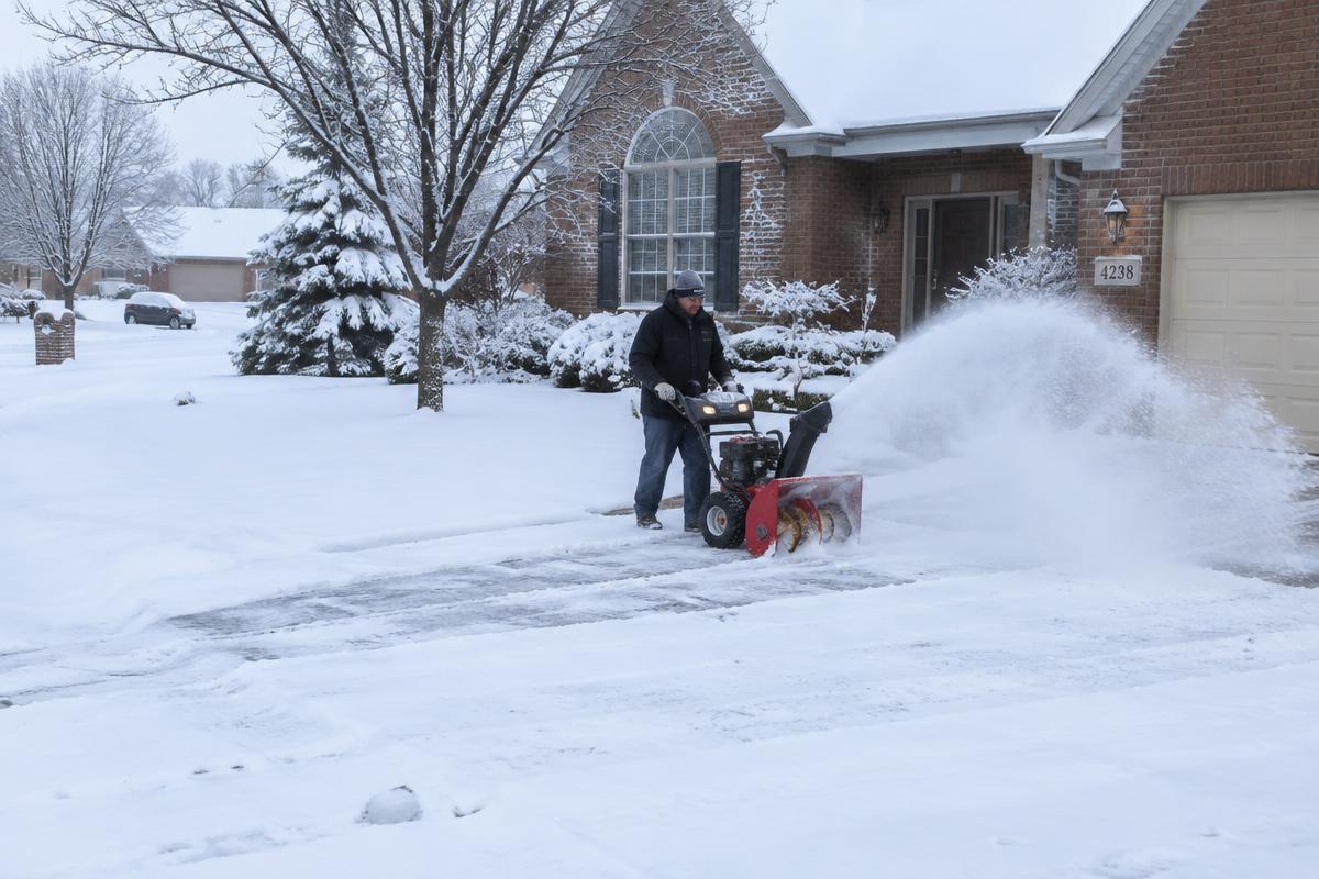 Worker snow blowing a driveway in front of a brick home in winter