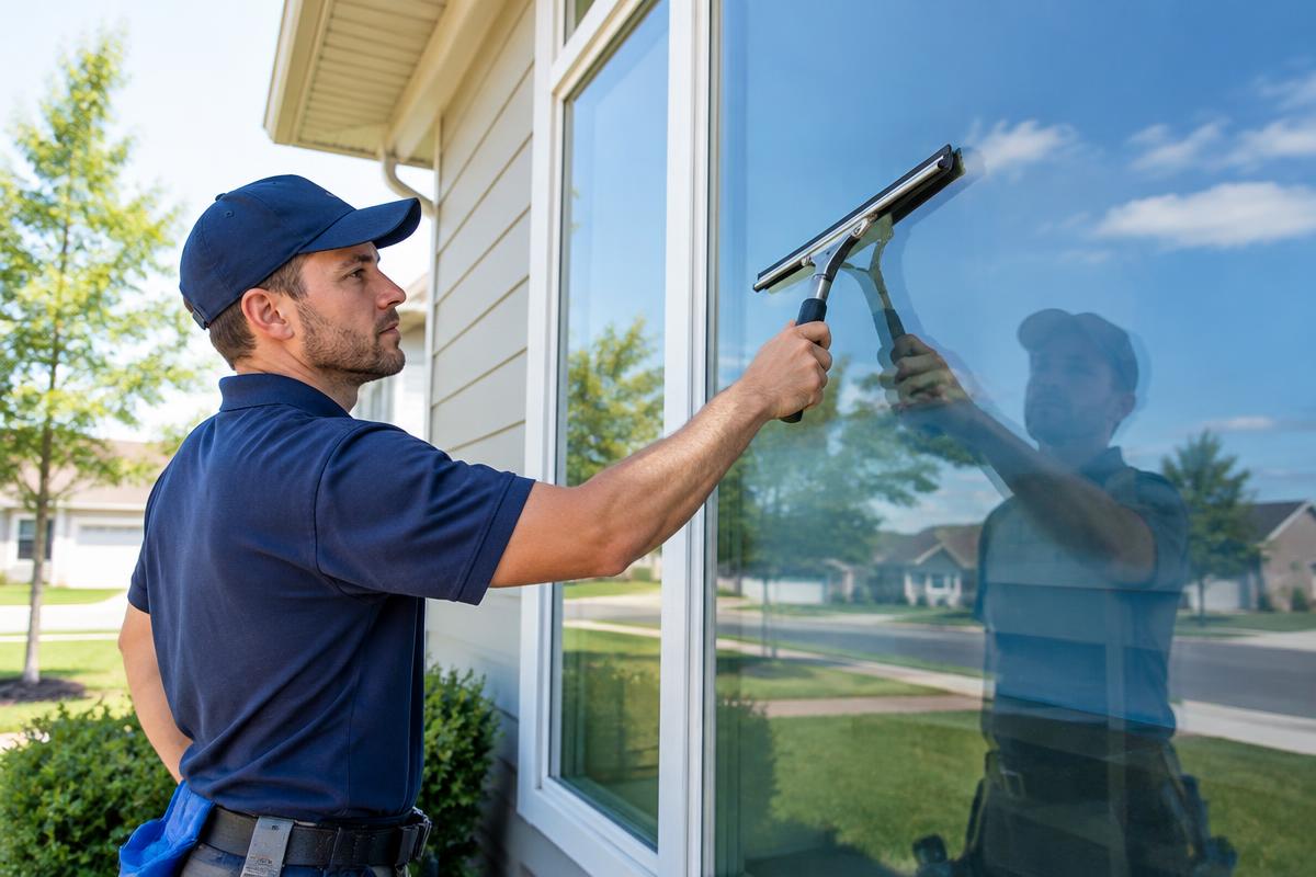 Window cleaner using a squeegee on a large exterior window